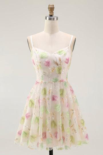 Apricot Floral Sequin A Line Mini Homecoming Dress